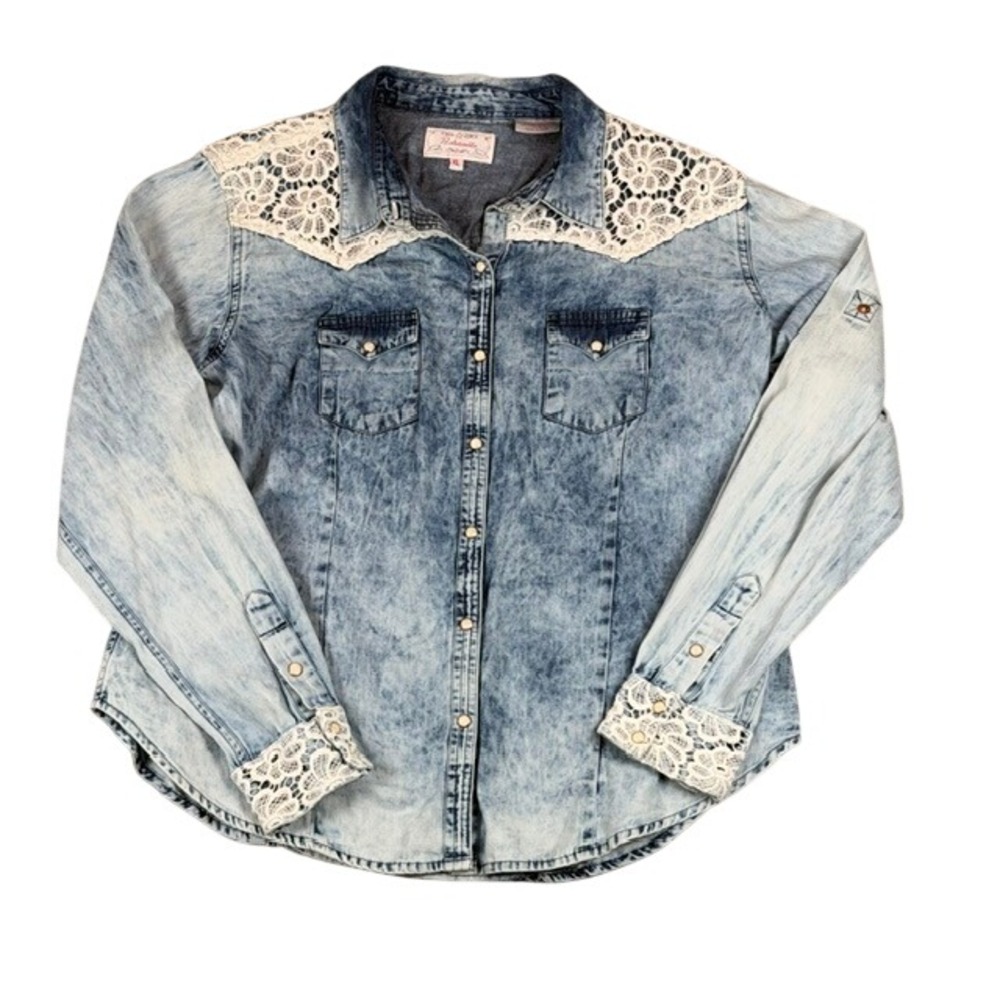 Panhandle Women XL Acid Wash Denim Lace Western Shirt Blue Snap Button 2236605